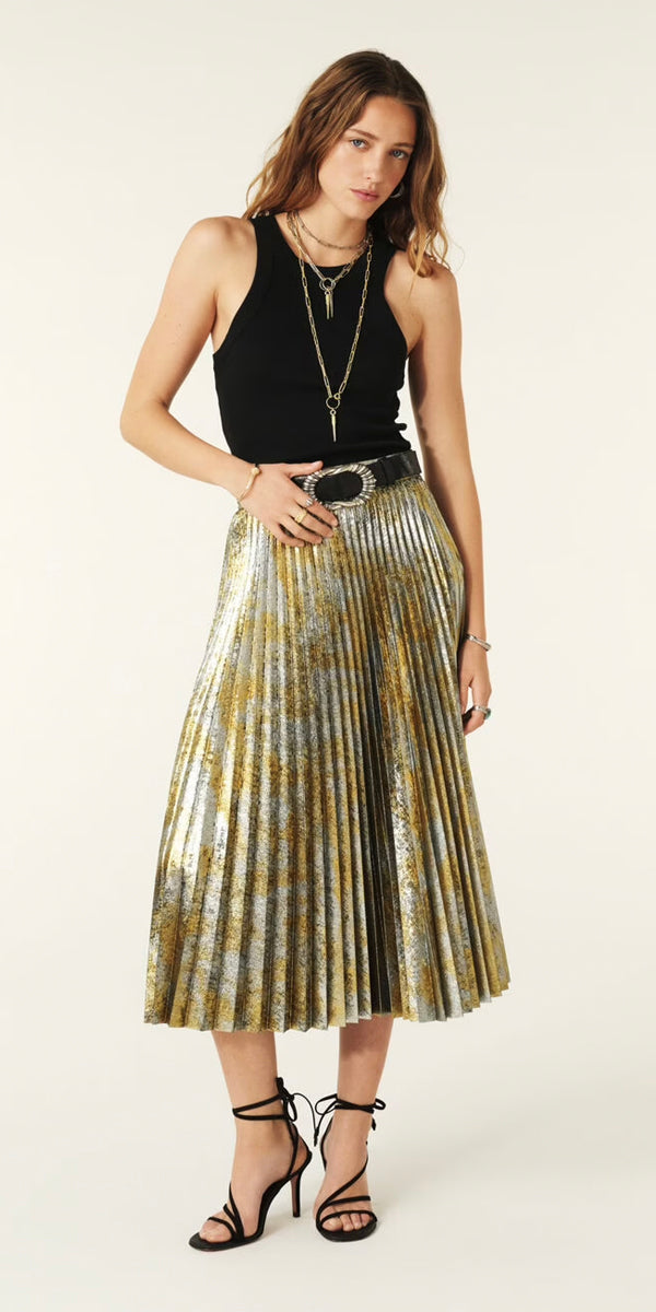 ba sh Falone Metallic Gold Pleated Midi Skirt