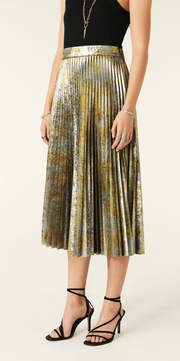 ba&sh Falone Metallic Gold Pleated Midi Skirt