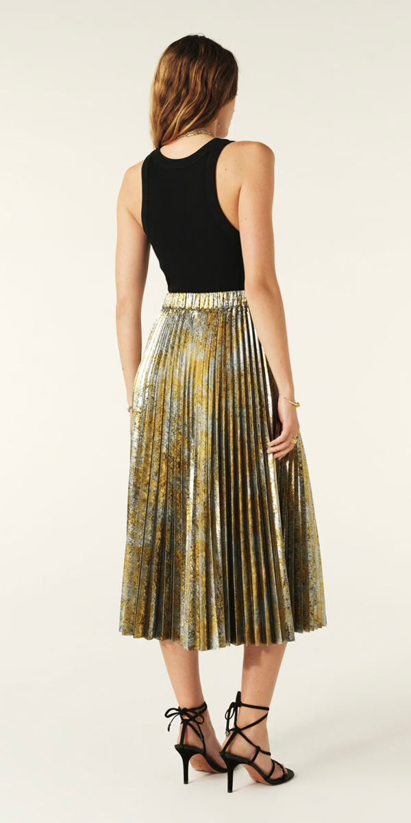 ba&sh Falone Metallic Gold Pleated Midi Skirt