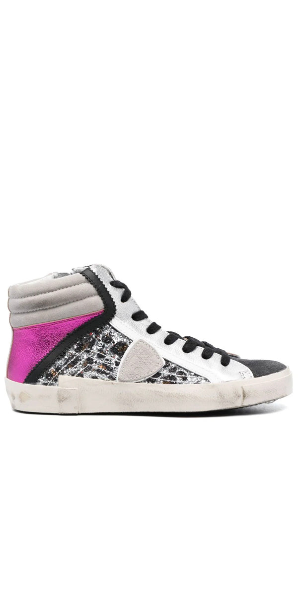 Philippe Model PRSX High Top Sneakers in Glitter Leo Magenta