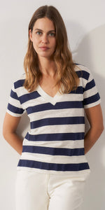 Sita Murt Linen V-Neck T-Shirt in Navy Stripe